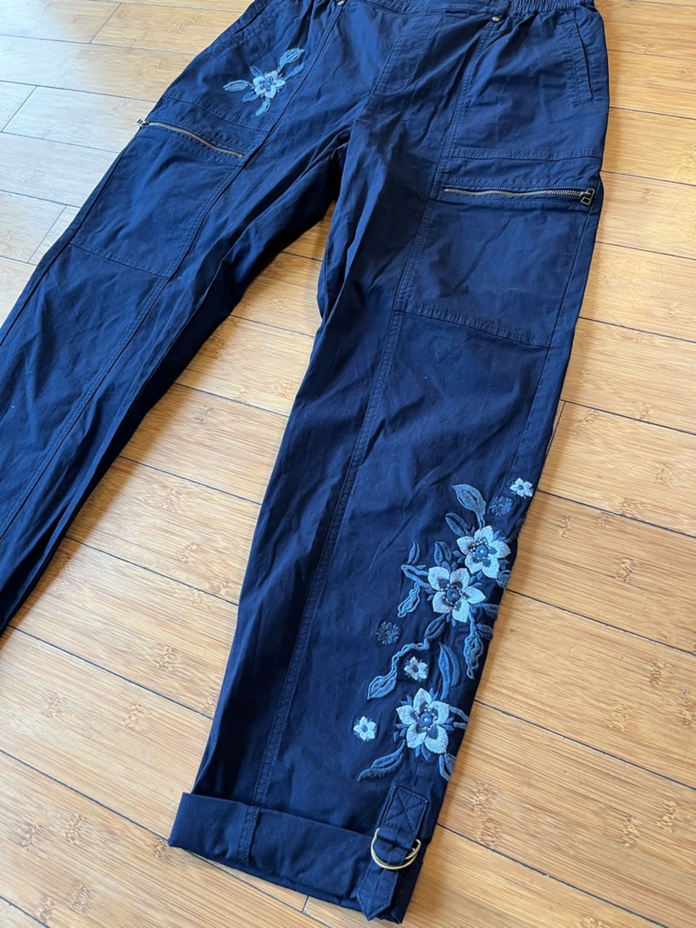 Soft Surroundings Navy Floral Embroidered Cargo Joggers - Picture 2 of 14